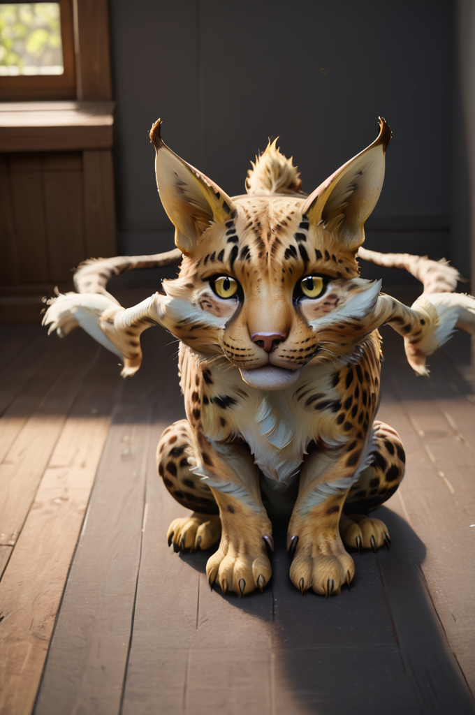 source_furry, score_9, score_8_up, score_7_up, (coeurl_xv, monster, feline, feral, chibi, cute), fur, body fur, yellow fur, black dotted, white hair, animal ears, yellow eyes, detailed eyes, animal nose, whiskers, paws, claws, tail, <lora:FF_CoeurlPony09:0.8>, indoors, living room, sitting, look at viewer, cute eyes, mid range view, view from above, hand to head, peting head, zPDXL2, zPDXLpg, zPDXLrl, best quality, highly detailed, extreme details, masterpiece, photorealistic, hyperrealistic, ultra realistic, hdr, 4k, uhd, ray tracing, shaded