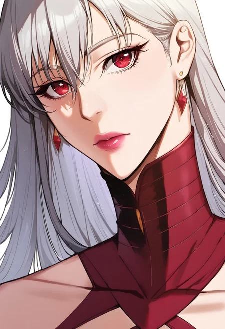 detailed face, detailed eyes, high resolution, intricate design, sharp edges, smooth, high detailed, god level, good proportions, detailed fingers
(Elnore, 1girl, cleavage, red eyes, pink lips, long hair, grey hair, bangs, red dress, choker, earrings, jewelry, collarbone, bare shoulders, wrist cuffs, off-shoulder dress, thicc thighs)
looking at viewer, standing, side view, thighs up, close up
score_10, score_9, score_8, 1girl, solo, alone
white background
