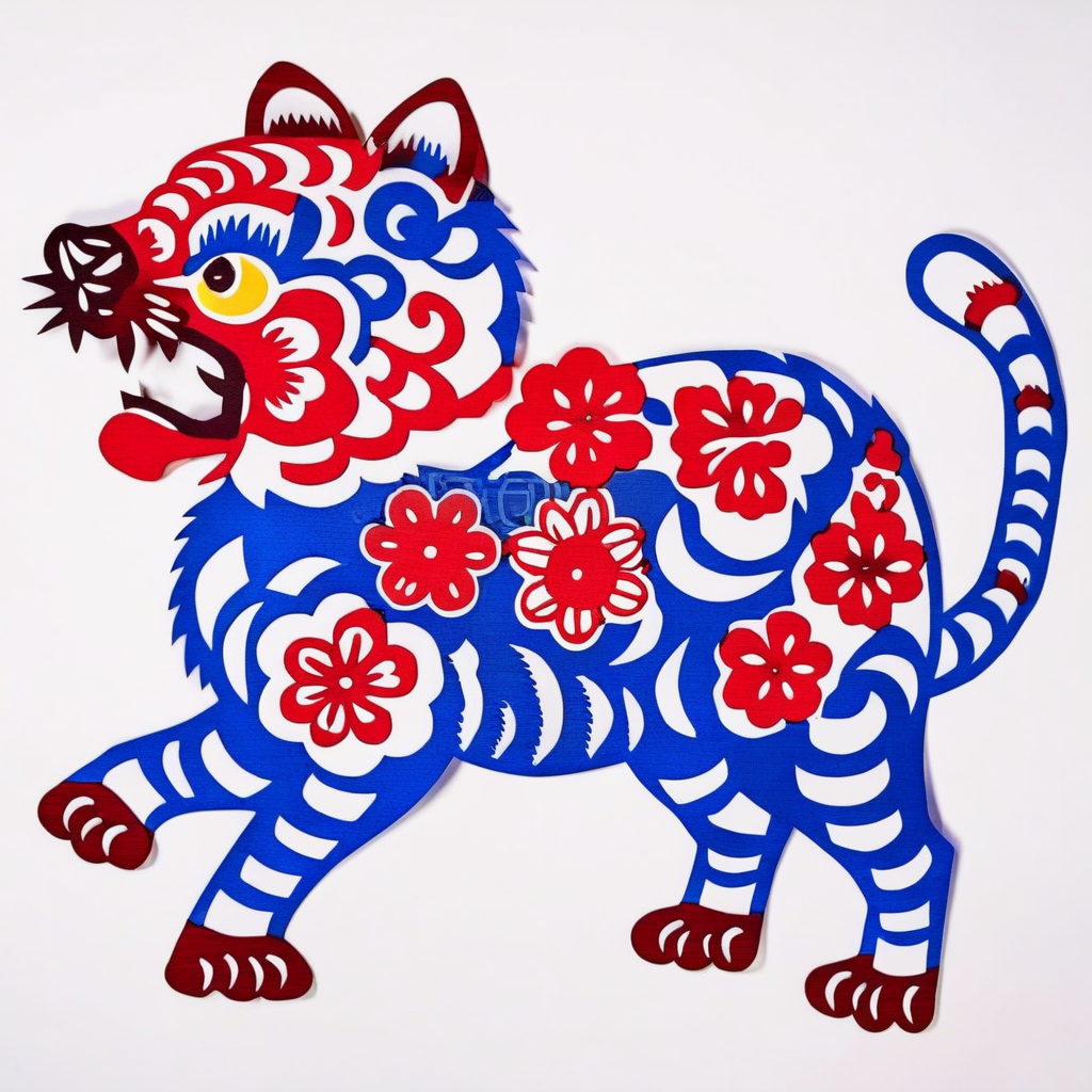 an image of blue and red tiger,trees,flowers, solid (white+++)  background,SP_CN_PPC,colorful paper cutting<lora:0204_paper_cutting-checkpoint-5000:1.0>