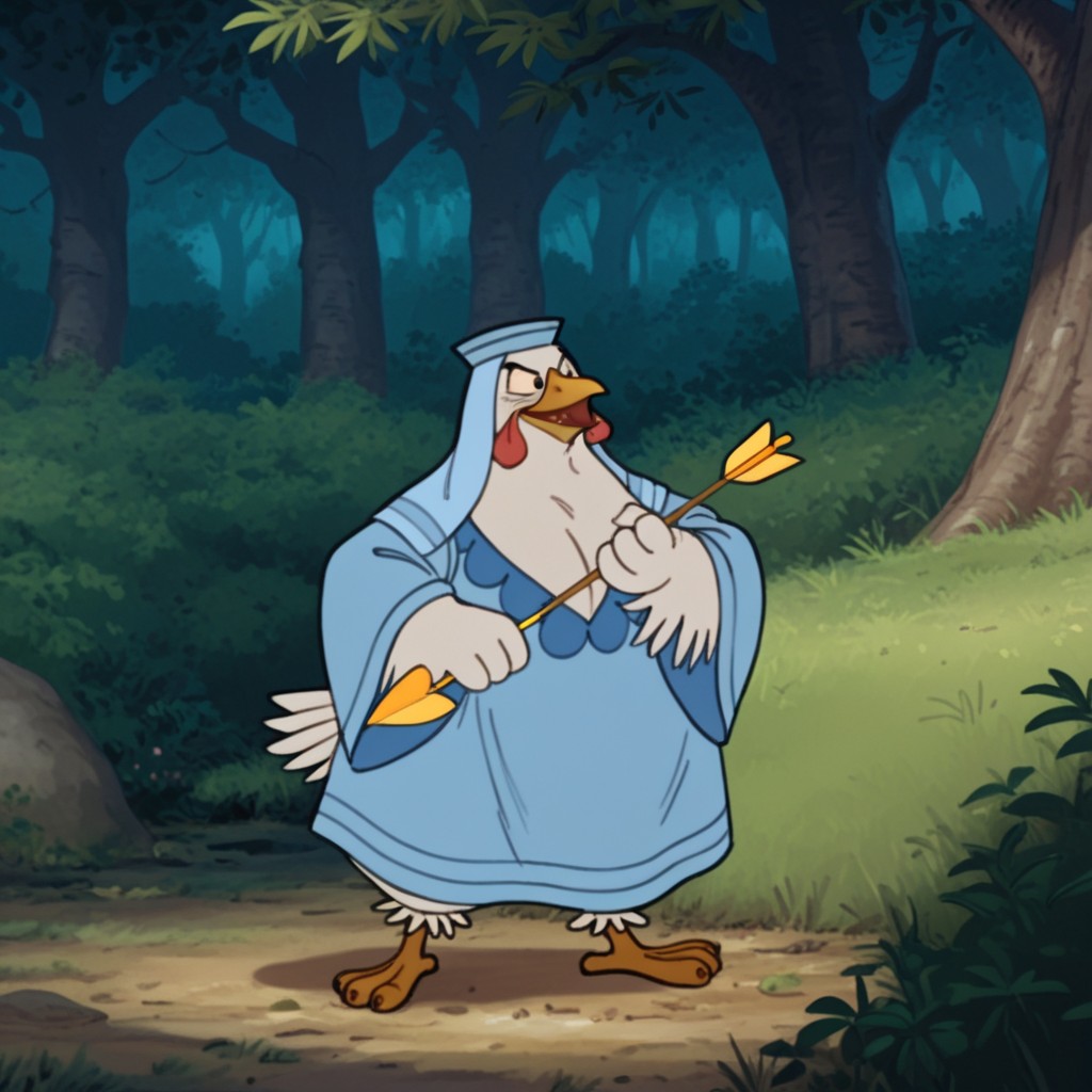 masterpiece, best quality, amazing quality, KluckRHil, semi-anthro, female, chicken, bird, white feathers, winged arms, black eyes, blue dress, long sleeves, blue hat, blue veil, standing, in forest, holding arrow (projectile), <lora:fce44ef5-ed50-4b81-a885-c2d457322b1c:1.0>