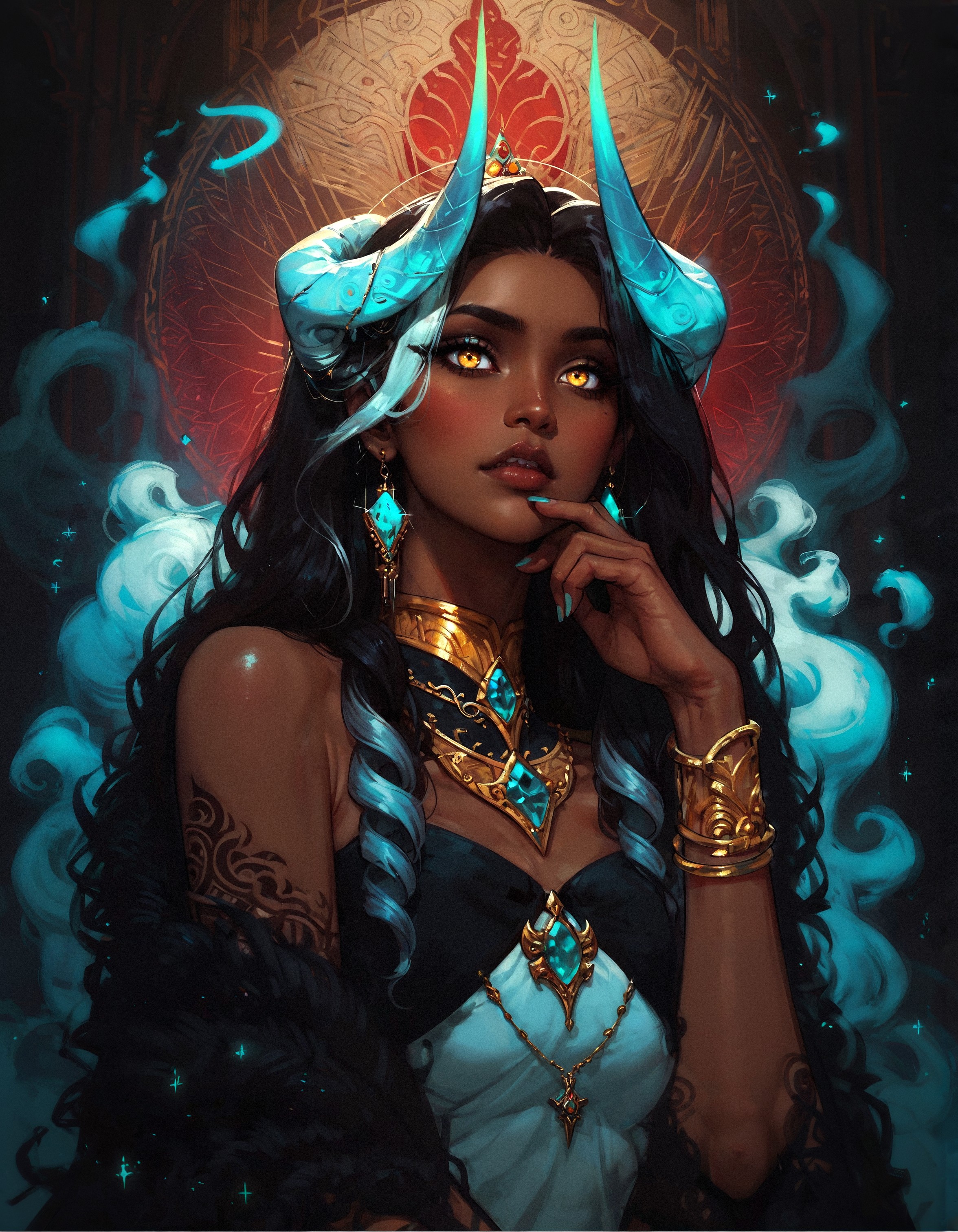 score_9, score_8_up, score_7_up, score_6_up, score_5_up, score_4_up,  A regal (queen:1.4) with (Indian heritage:1.3), full body, her (brown skin:1.3) glowing with a soft radiance, sits majestically. She has (gold eyes:1.3) that shimmer with wisdom and power, and her (ivory brown skin:1.4) adds to her ethereal beauty. Her (black hair:1.3) is striking, accented with (white highlights:1.2) that give it a unique and distinguished look.  Adorning her head are (turquoise glowing horns:1.3) that spiral gracefully, merging seamlessly with her (ram horns:1.3), creating an awe-inspiring and mystical appearance. Her attire is opulent, with (intricate gold jewelry:1.2) and (traditional Indian garments:1.2) that complement her royal presence.  The background is a lavish (palace setting:1.2), rich with (detailed carvings:1.1) and (luxurious decor:1.2), enhancing the queen's majestic aura and the (mystical glow:1.2) of her horns, symbolizing her power and grace.