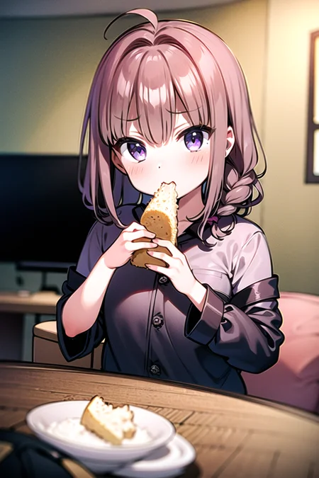 Tsube Hana,1girl, side braid, ahoge, light brown ,hair pink hair, purple eyes, hair tie, indoors,pajamas, living room, table, eating,
