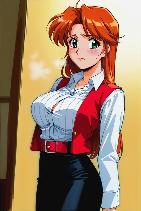 score 9,score 8 up,score 7 up,rating questionable,detailed background,aroused,cinematic lighting,dynamic lighting,source_anime,
<lora:pony_xl_kyoko:0.8>,kyoko,large breasts,narrow waist,
steaming body,sensual,alluring,sweatdrop,
red vest,long sleeves,striped white shirt,shirt tucked in,black bow,red belt,black skirt,pencil skirt,pantyhose,
indoors,mahjong room,(open clothes, open vest)
standing,
blush,embarrassed,troubled eyebrows,closed mouth,looking at viewer,dutch angle,tears,