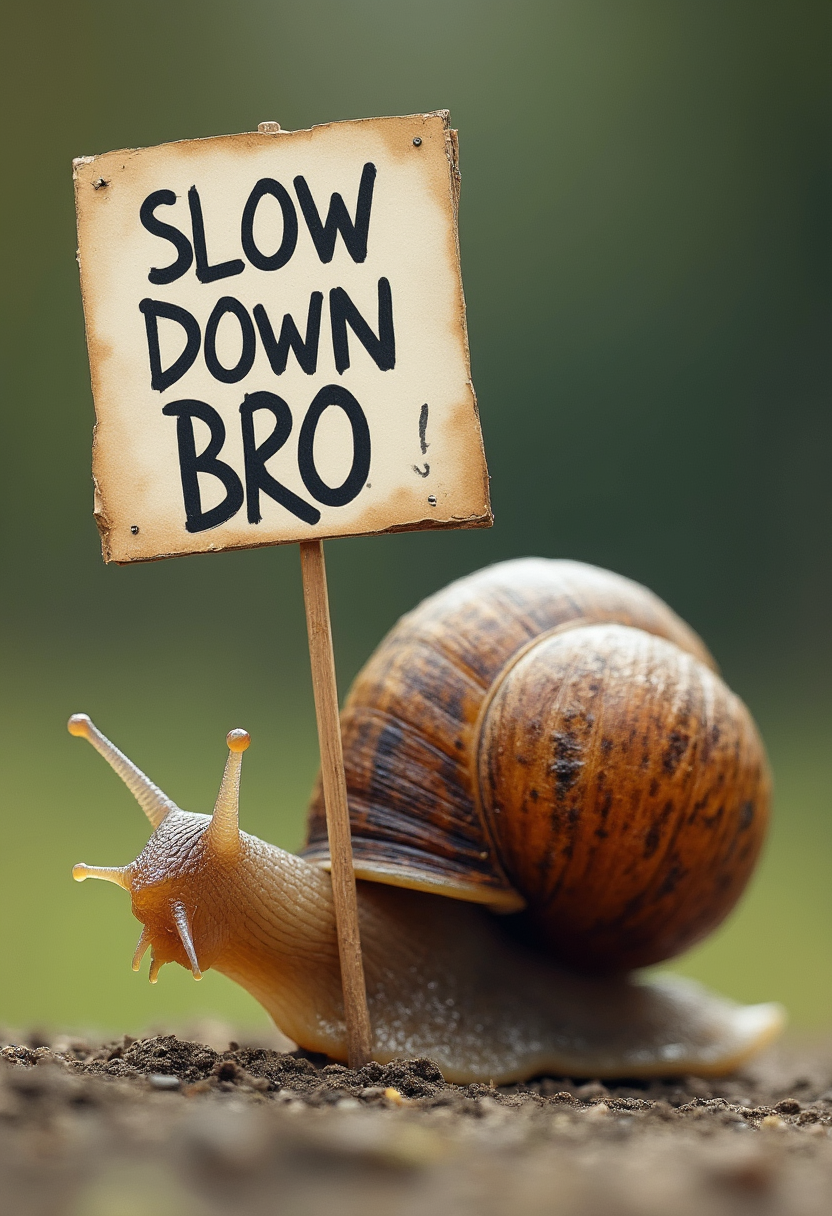 a snail holding a sign saying "SLOW DOWN BRO"