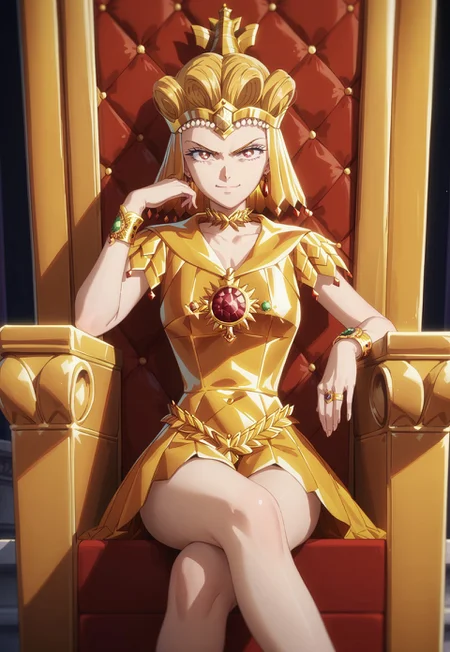 score_9,score_8_up,score_7_up, Sailor_GalaxiaXL1, Red eyes, blonde hair,jewelry, golden armor, bracelet, choker,crown, throne, sits on the throne, looking at viewer, smug,