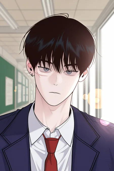 masterpiece, best quality, amazing quality, very aesthetic, high resolution, ultra-detailed, absurdres, newest, scenery, volumetric lighting, depth of field,anime screencap, , , 1boy, solo, male focus,<lora:yoonwon:0.95>goo yoon won,black hair,grey eyes,short hair,bangs,scar,looking at viewer,closed mouth, shirt,school uniform, jacket, white shirt,expressionless,upper body,necktie,earring, piercing,right ear bare,collared shirt, blue jacket,open jacket,portrait, red necktie,lens flare