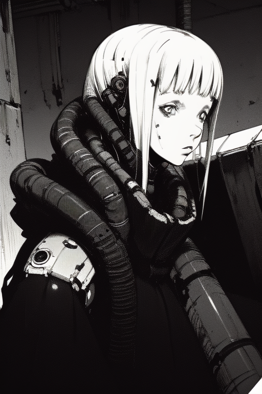 <lora:blame5:1>, cyborg girl portrait, upper body, dim light, ((heavy black and white)), decrepit scenery, covered in large tubes and cables