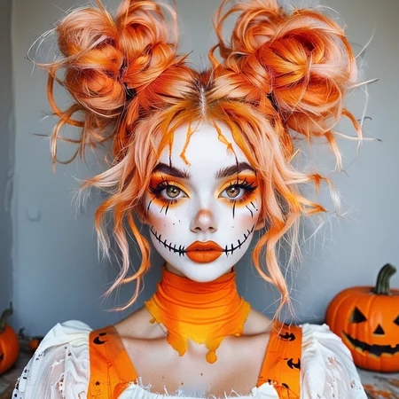 <lora:halloween_clothing_xl:0.8>,
A vibrant, high-quality photograph of a person dressed as a jack-o'-lantern, likely for Halloween. The individual has striking, bright orange hair styled in two voluminous, messy buns on top of the head, with loose strands framing their face. Their skin is painted in a flawless, ghostly white, accentuating their sharp, dramatic makeup.