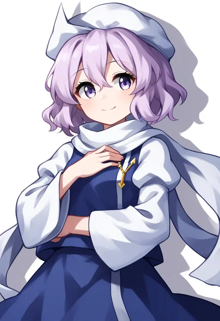 score_9,score_8_up,score_7_up,<lora:touhou_146:1>,1girl, commentary, hair_between_eyes, hand_on_own_chest, hat, highres, letty_whiterock, long_sleeves, looking_at_viewer, photoshop_\(medium\), pink_hair, purple_eyes, scarf, shadow, skirt, smile, solo, white_background, wide_sleeves