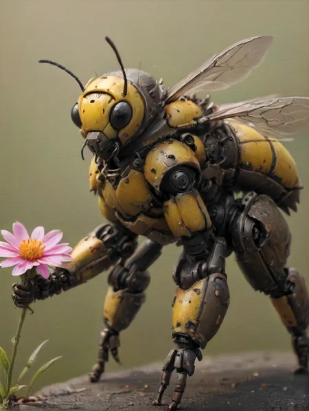wildlife photo, an armored bee-mech that is heavy platted, pollen, resting on a flower, <lora:- SDXL - heavy_armored_V2.1:1>