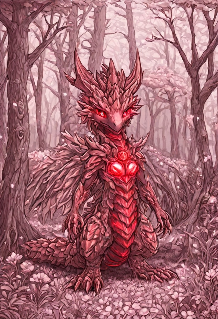 Dragon, small dragon, red theme, silver ridges, fantasy forest, glowing, flowers, full body, facing the camera, plants, Japanese Temple, cherry blossom trees,