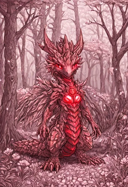 Dragon, small dragon, red theme, silver ridges, fantasy forest, glowing, flowers, full body, facing the camera, plants, Japanese Temple, cherry blossom trees,