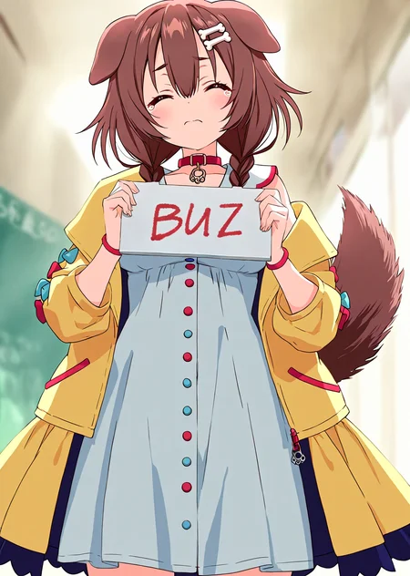 highres,depth of field,(best quality),(highly detailed),((masterpiece)),((best quality)),(ultra-detailed),((extremely detailed)),(high resolution),4K,(8K),best quality,(beautiful),(dynamic lighting),(super detailed skin),sharp focus,(score_9,score_8_up,score_7_up,source_anime,(masterpiece:1.2),best quality,very aesthetic),masterpiece,best quality,very aesthetic,1girl,score_9,score_8_up,score_7_up,source_anime,rating_explicit BREAK anime screencap,anime coloring,Anime,teardrop,upper body,sad,<lora:korone:1>,inugami korone,bone hair ornament,dog girl,dog ears,dog tail,yellow jacket,white dress,off shoulder,animal collar,low twin braids,closed eyes,<lora:holding blank sign_A_XL_01:2>,Hold up a sign saying (Buzz),