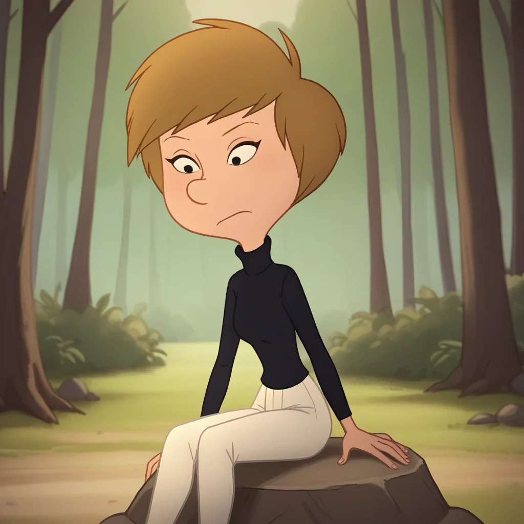 score_8_up, BREAK, 1girl, solo, MOM, brown hair, black eyes, short hair, turtleneck, long sleeves, white pants, sitting on rock, outdoors, forest, <lora:TootuffMom_titeuf_PXL_Leaf1:1>, closed mouth,
