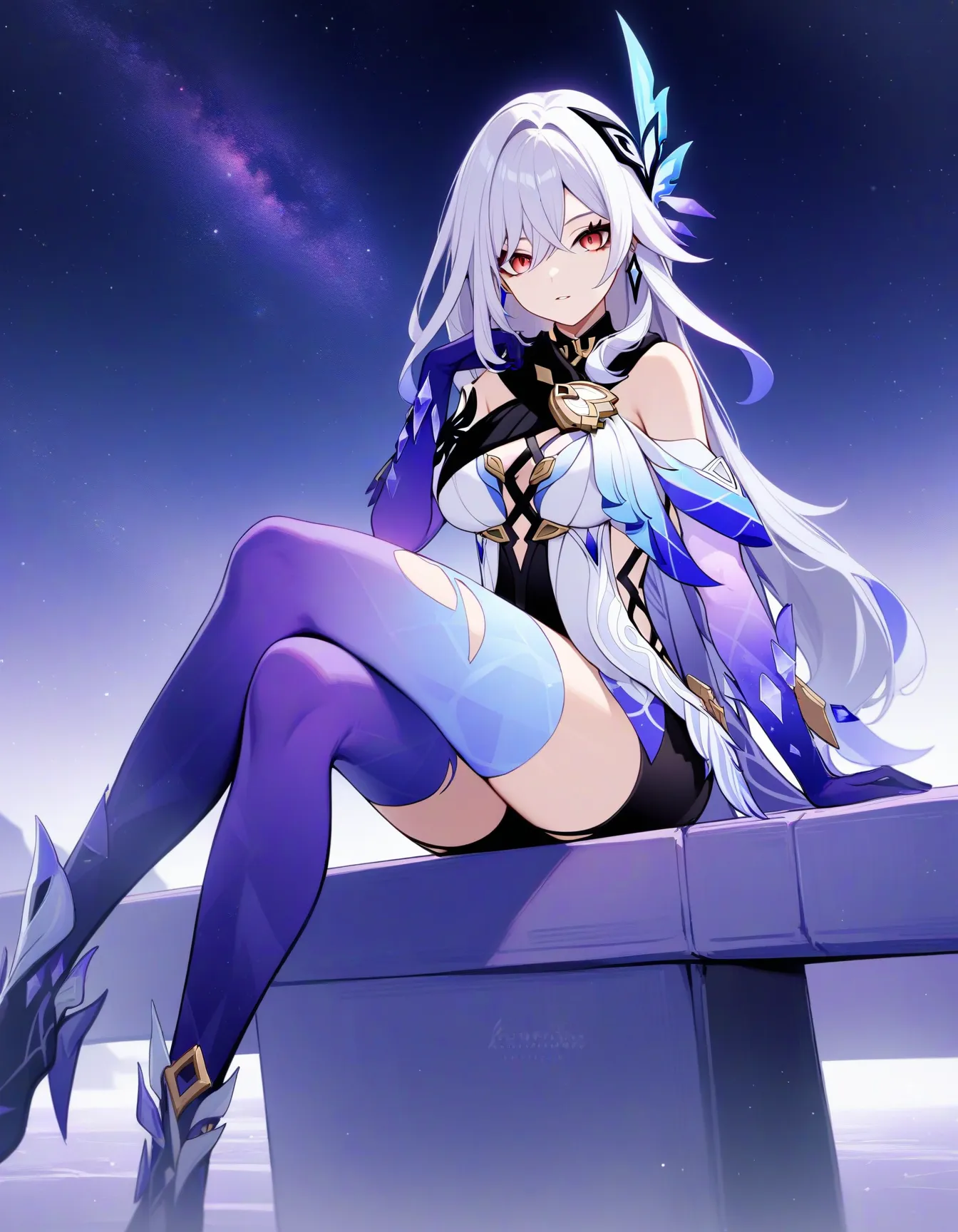 skirk \(genshin impact\), genshin impact, 1girl, crossed legs, long hair, solo, gloves, sitting, looking at viewer, bare shoulders, hair ornament, red eyes, breasts, dress, bangs, jewelry, purple gloves, parted lips, earrings, white hair, hair between eyes, long hair, star (sky), full body, thighhighs, grey hair, elbow gloves
masterpiece, best quality, very aesthetic, absurdres
<lora:a31_skirkXL:1.0>