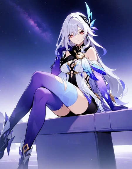skirk \(genshin impact\), genshin impact, 1girl, crossed legs, long hair, solo, gloves, sitting, looking at viewer, bare shoulders, hair ornament, red eyes, breasts, dress, bangs, jewelry, purple gloves, parted lips, earrings, white hair, hair between eyes, long hair, star (sky), full body, thighhighs, grey hair, elbow gloves
masterpiece, best quality, very aesthetic, absurdres
<lora:a31_skirkXL:1.0>