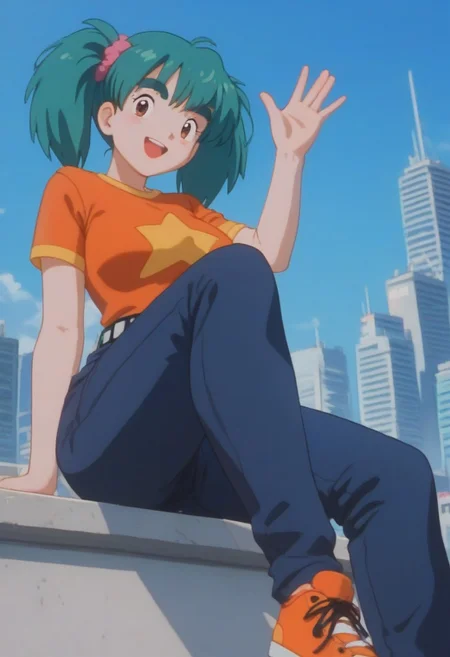 score_9, score_8_up, score_7_up, rating_explicit,1 girl, alone, cute, (voluptuous:1.2), PMDuplica, 1girl, solo, brown eyes, green hair, bangs, twintails, hair tie, thick eyebrows, short sleeves, t-shirt, orange shirt, star print, belt, jeans, orange footwear, sitting, looking at viewer, smile, open mouth, waving arms, BREAK, cityscape, blue sky, sunlight,