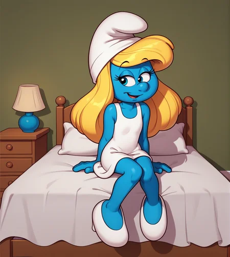 score_9,score_8_up, score_7_up,
1girl, solo, Smurfette, blue skin, blonde hair, white dress, white hat, white shoes, sitting in bed, indoors, cartoon, source_cartoon,
<lora:Smurf_Character_Pack:1>