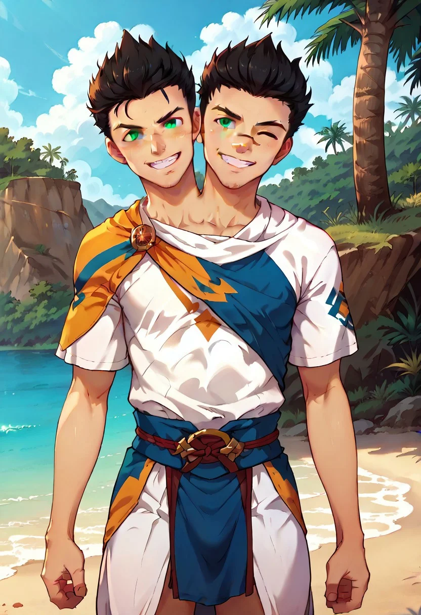 1boy with twoheads, taiga, solo, smile,one eye closed, beach,against tree, black hair, green eyes, nomadic desert clothing, medieval clothing, detailed cloth clothing, detailed background,looking to the side <lora:Taiga_XL_V10:.8>, (zPDXL), score_9, score_8_up, score_7_up, <lora:OtherStyle_05V1:.6>