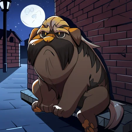 score_9, score_8_up, score_8, furry, Mabosstiff, dog, Pokemon (creature), moustache, yellow pupils, black sclera, cartoon style, 2d, feral, solo, sitting, looking at viewer, dark alleyway, under streetlight, brick wall, night, full moon