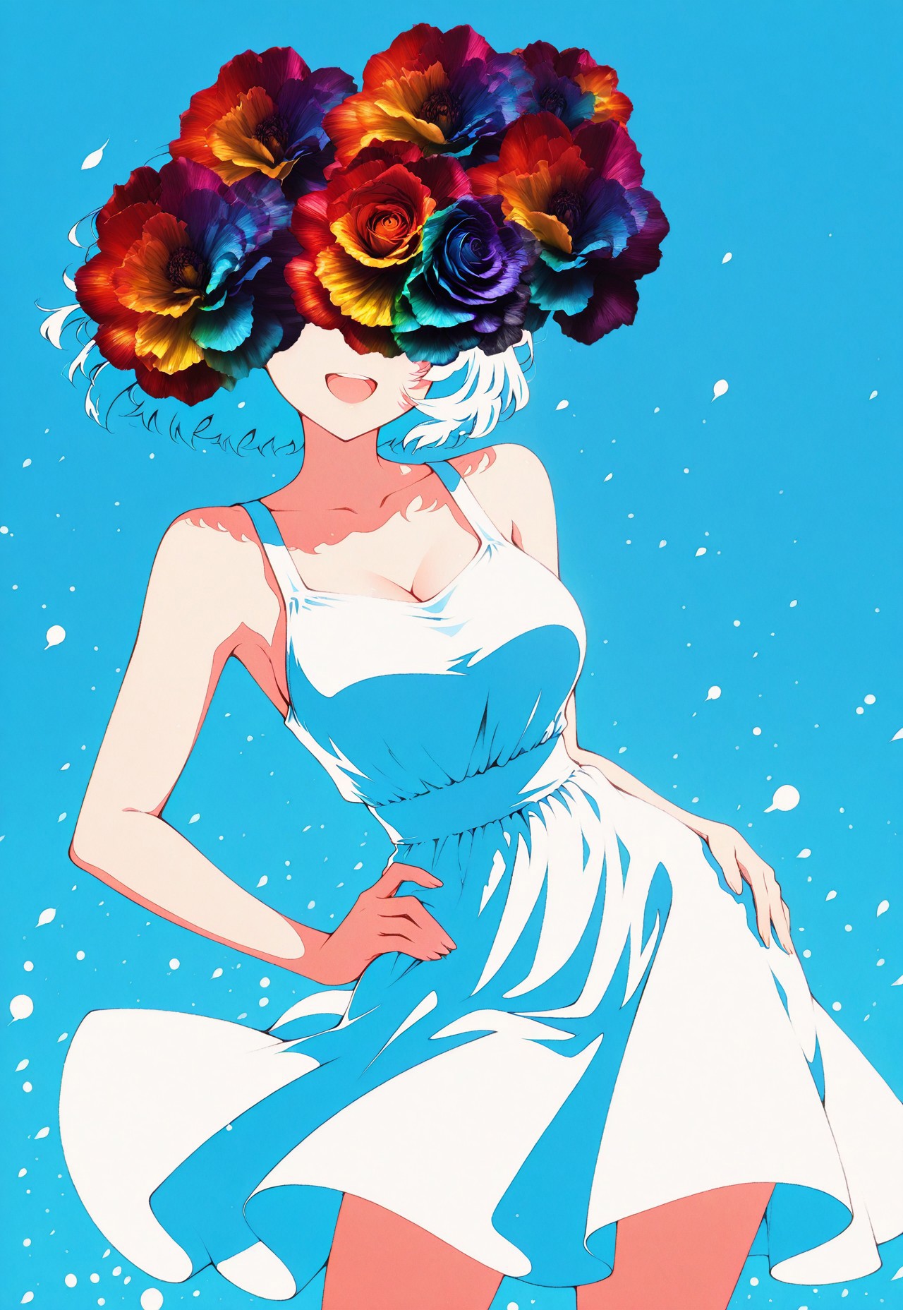 solo, flowers over eyes,
contrapposto, hand on hip, leaning to the side, :D,
sundress, wind, light particles,
(moshimoshibe:0.6, qqqrinkappp:0.6), minimalism, limited palette, blue background