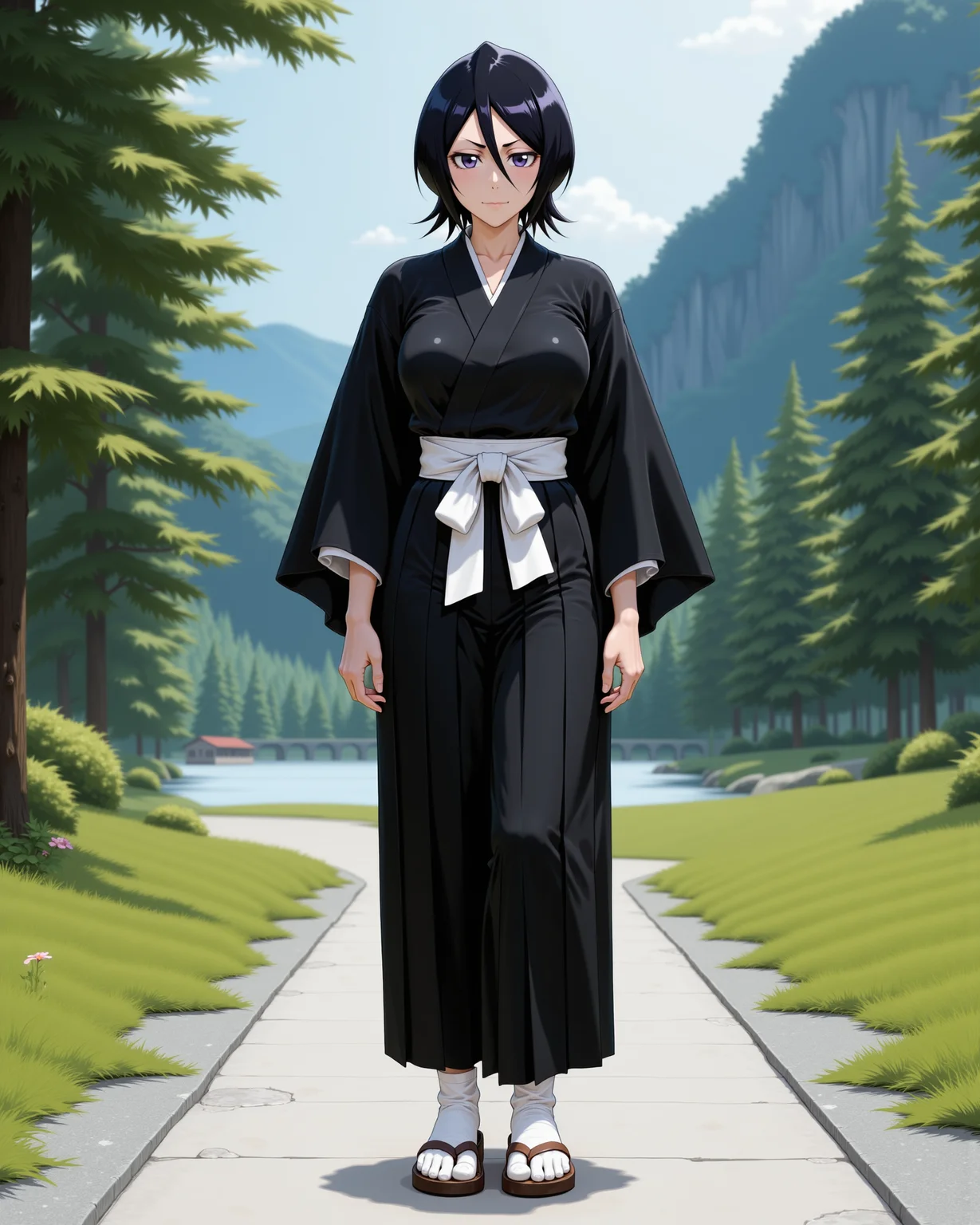 -looking at viewer, outdoors daylight, a 20 year old adult mature woman.
PhotoRealistic Style, front view photo of.
<lora:Bleach_-_Rukia_v2_000030:1> b-rukia, Black Hair, purple eyesblack kimono-style shihakushÅ with white sash, loose hakama pants, white tabi socks and sandals, short sleeves, ZanpakutÅ at her waist
Upper Body view passport style