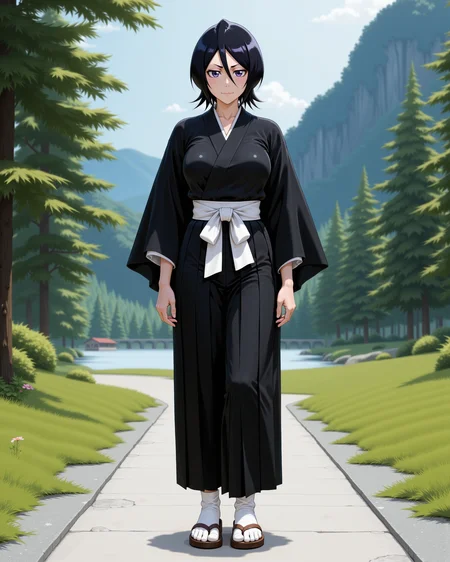 -looking at viewer, outdoors daylight, a 20 year old adult mature woman.
PhotoRealistic Style, front view photo of.
<lora:Bleach_-_Rukia_v2_000030:1> b-rukia, Black Hair, purple eyesblack kimono-style shihakushÅ with white sash, loose hakama pants, white tabi socks and sandals, short sleeves, ZanpakutÅ at her waist
Upper Body view passport style