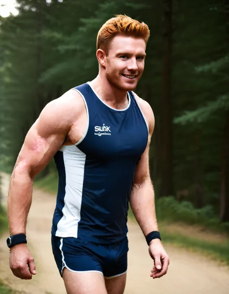 Detailed picture of Luke a muscular man <lora:Luke_McNevyn:1.3>, jogging in the hiking trail wearing Superdry sportswear vest and shorts, gorgeous lighting, HDR, 8K, realistic, highly detailed, smile, <lora:add-detail-xl:1>