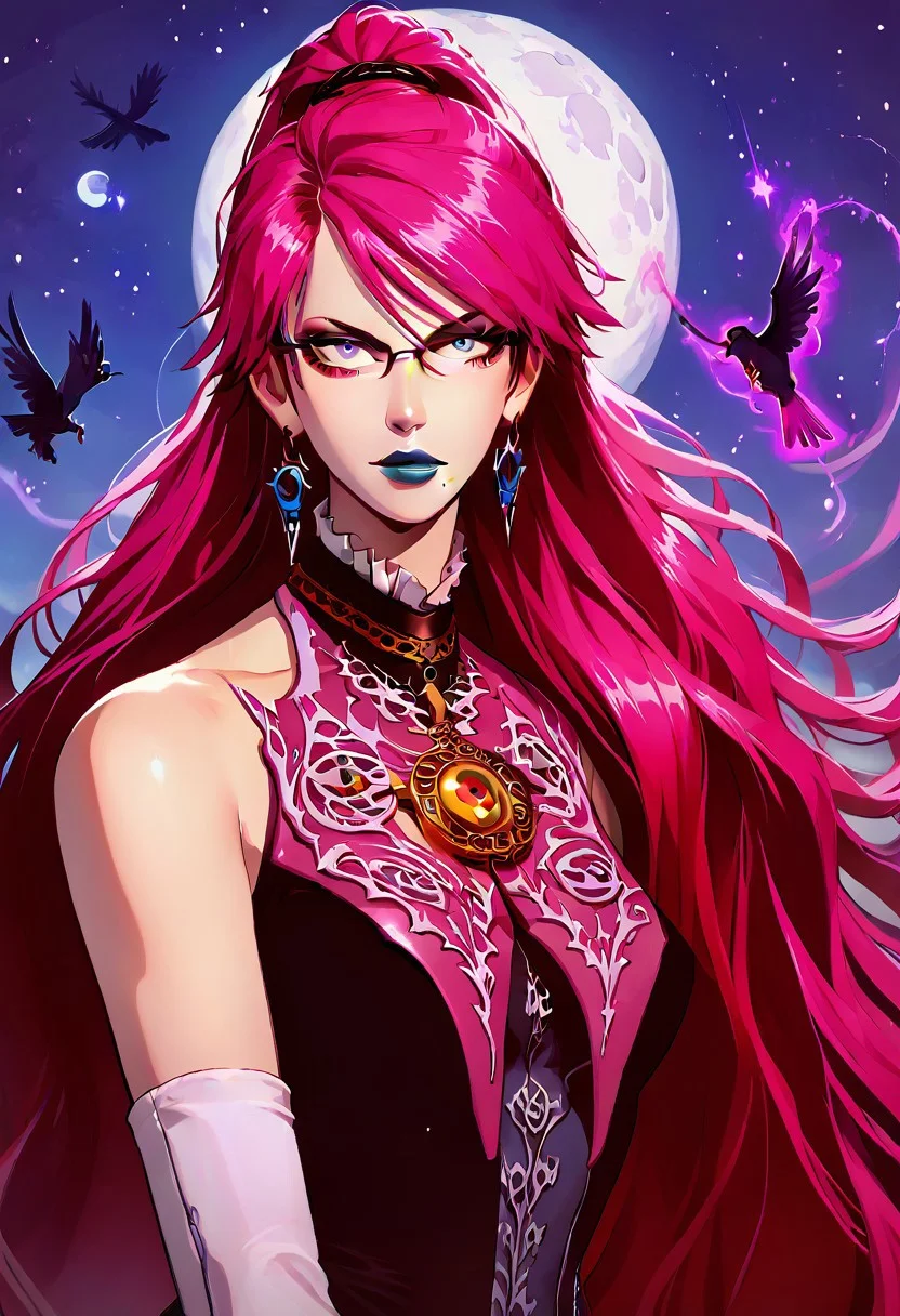 upper body, half body, BayonettaSDXL, Bayonetta2, 1girl, solo, focus, magic, dark shadows magic, long hair, looking at viewer, absurdly long hair, ponytail, Floor length air gray eyes, pink hair, blue lipstick, gloves, jewelry, very long hair, tall girl, earrings, parted lips, glasses, elbow gloves, white gloves, mole, lips, bodysuit, makeup, night, moon, lipstick, mole under, r mouth, full moon, amulet, bayonetta, cowboy shot,, crowmancer, crow flock, drawing dark magic circles with shadows, bold, striking, cowboy shot, easynegative, flat color, dark theme, g4n1m3, shadow magic, arkane_dark, night, night lights, dynamic pose, dynamic angle, Vintage BREAK score_9, score_8_up, score_7_up, score_6_up, source_anime,