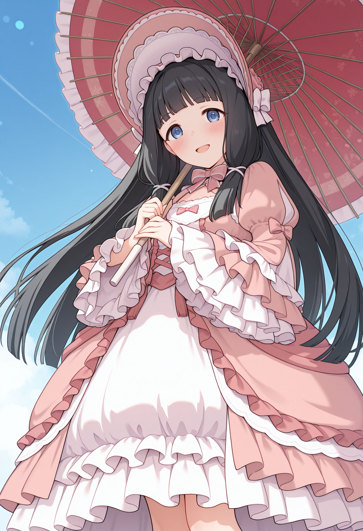 highres, best quality, masterpiece, blue sky, 
1girl, solo, rlpmaho, black hair, very long hair, blue eyes, blunt bangs, tareme,
bonnet, pink bow, pink dress, layered dress, white dress, frilled dress, frilled sleeves, puffy sleeves, wide sleeves, sleeves past wrists, holding umbrella, oil-paper umbrella,
looking at viewer, blush, smile, open mouth, 
standing, from below,
<lora:_maho_pcr-elesico-rev3:1>