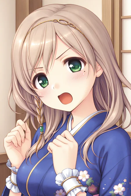 masterpiece, best quality, absurdres, official art, official style, rating general BREAK <lora:sarashinamutsumi_IL_v1-1:0.7>, sarashina mutsumi, 1girl, solo, green eyes, mole under eye, light brown hair, long hair, single braid, side braid, hair between eyes, swept bangs, head chain, gold trim, hair tubes, green gem, hair over shoulder, large breasts, medium breasts, japanese clothes, blue kimono, short kimono, print kimono, floral print, long sleeves, wide sleeves, wrist cuffs, close-up, portrait, upper body, indoors,
blush, :o, angry, looking at viewer, open mouth, straight-on, v-shaped eyebrows