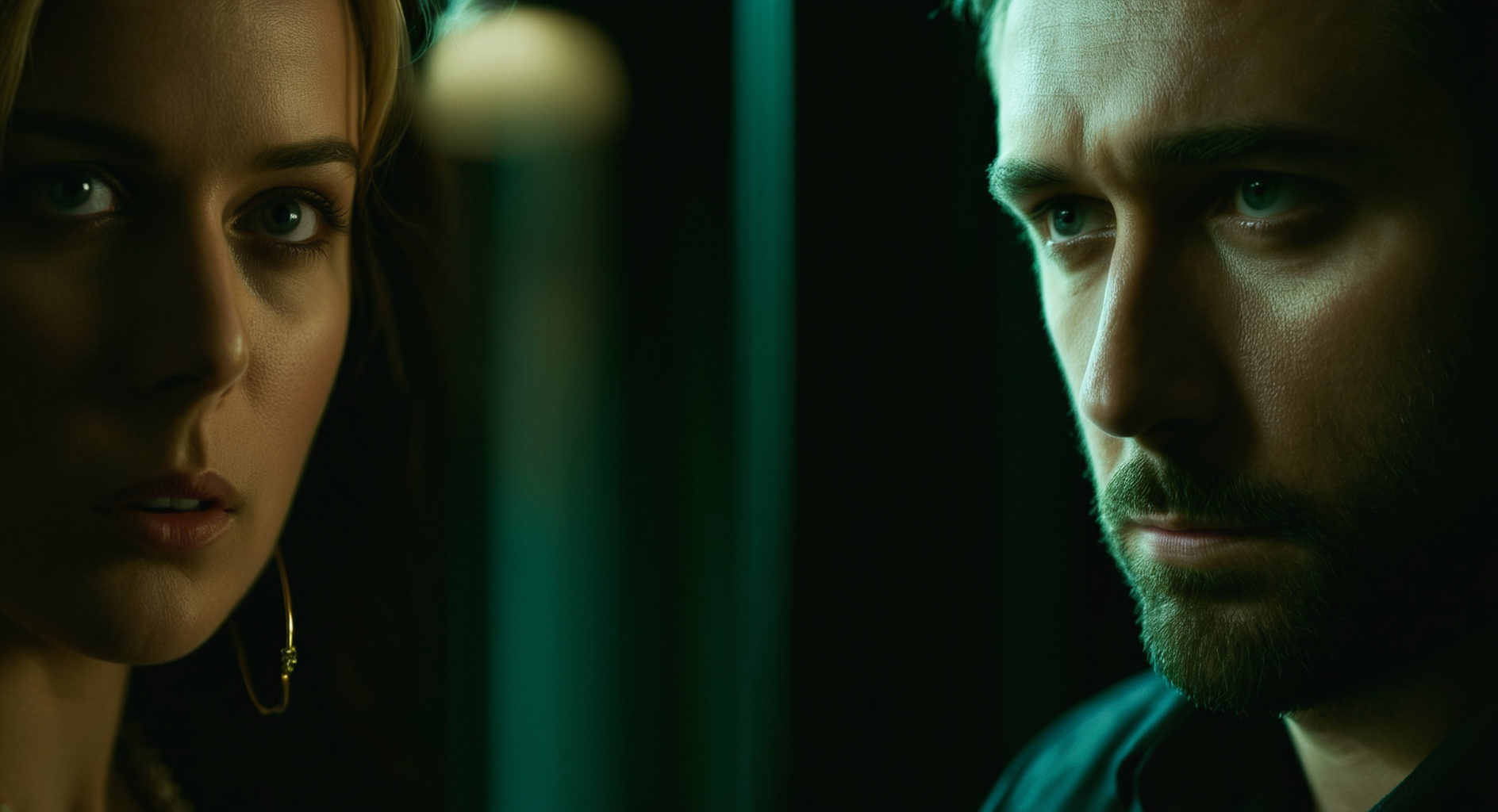 cinematic film still of  <lora:Split Diopter style:1>
Split image focus of a closeup of a man on the right talking on the telephone in the dark in front of a blonde woman in the background looking at camera,Split Diopter style,1girl,looking at viewer,short hair,blonde hair,shirt,long sleeves,1boy,holding,jewelry,earrings,indoors,cup,black shirt,window,facial hair,mirror,realistic,nearsighted,farsighted,split,split focus,focus,sharp focus,deep focus,Split focus,split screen , artistic, Kodak, dramatic light, dramatic shadow light, contrast, saturated color, cinematic, filmic, motion picture, realistic, realism, perfection, perfect, deep focus, clean image, wide screen, detailed image, cinematic, deep space composition, shallow depth of field, vignette, highly detailed, high budget, bokeh, cinemascope, moody, epic, gorgeous, film grain, grainy