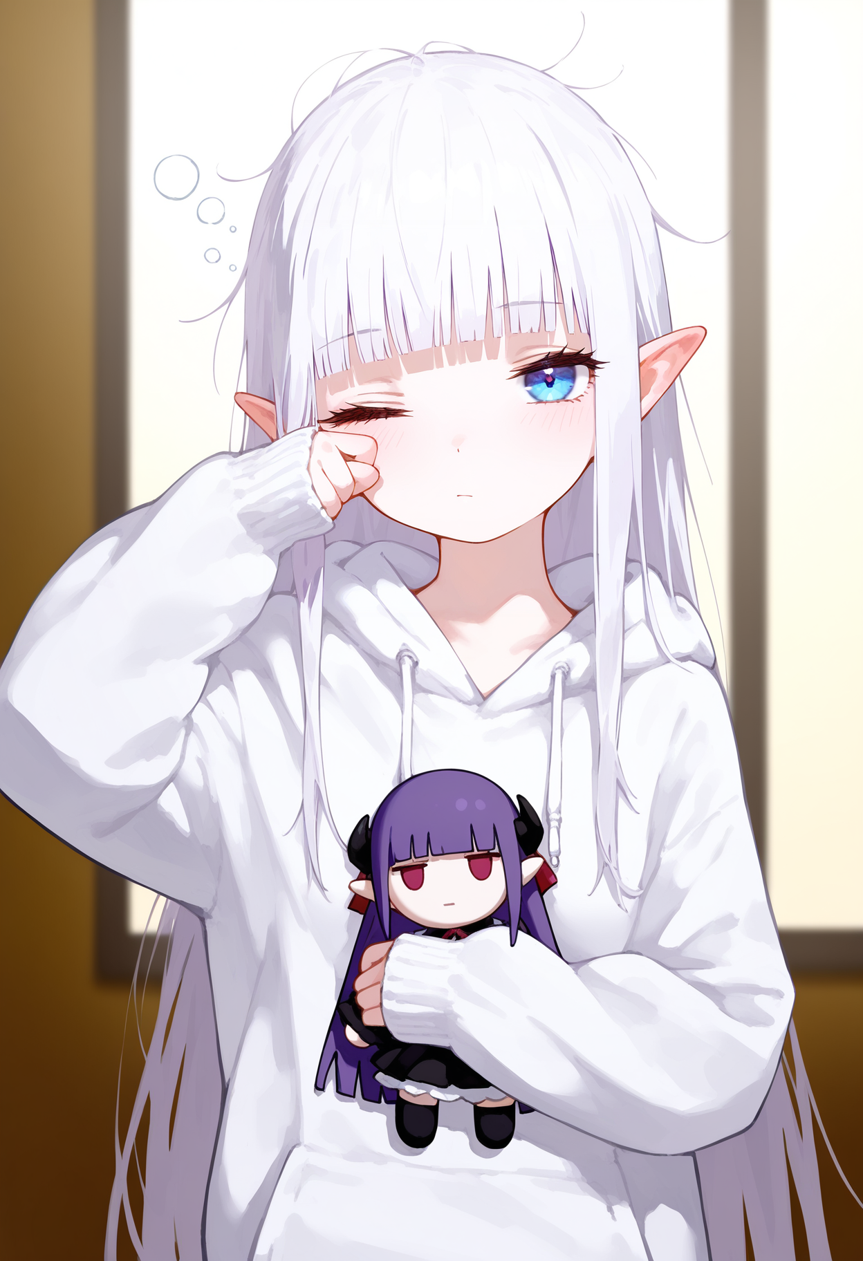masterpiece, best quality, good quality,
1girl, solo, long hair, looking at viewer, blue eyes, long sleeves, holding, closed mouth, very long hair, upper body, white hair, purple hair, one eye closed, pointy ears, indoors, hood, blunt bangs, sleeves past wrists, hoodie, hood down, messy hair, doll, character doll, white hoodie, sleepy, rubbing eyes
<lora:flutecocktail_ill_v2:1>