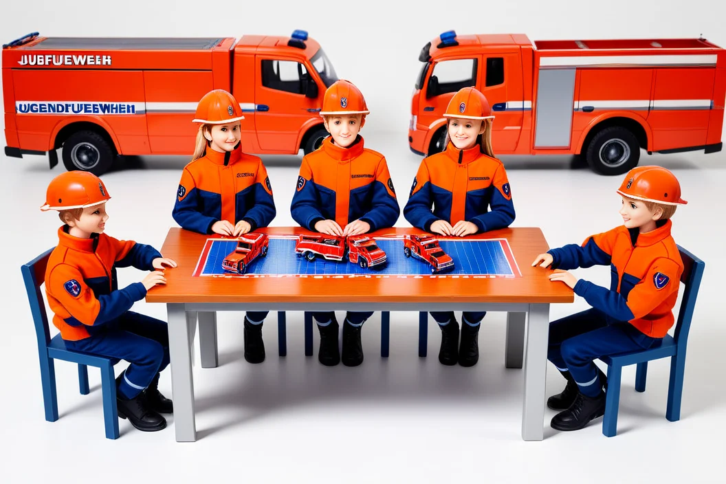 a group of different jugendfeuerwehr teenage boys and girls sitting around a table,  with an citiy simulation game and model firetrucks,   photorealistic , anatomically correct, high quality, masterpiece, brandenburg  <lora:Jugendfeuerwehr:0.8>
