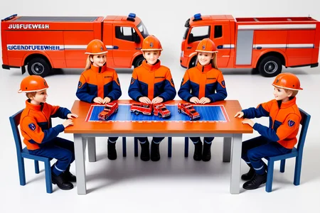 a group of different jugendfeuerwehr teenage boys and girls sitting around a table, with an citiy simulation game and model firetrucks, photorealistic , anatomically correct, high quality, masterpiece, brandenburg <lora:Jugendfeuerwehr:0.8>