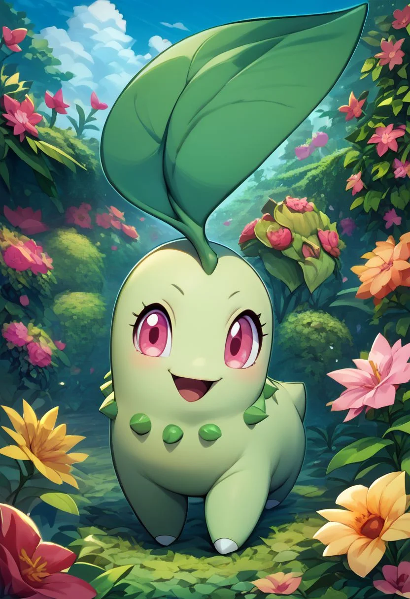 score_9, score_8_up, score_7_up, vivid bright colors,
zzChikorita, looking at viewer, smile, open mouth, standing, full body, flower, :d, outdoors, pink eyes, happy, flower garden, hydrangea, flowers everywhere,