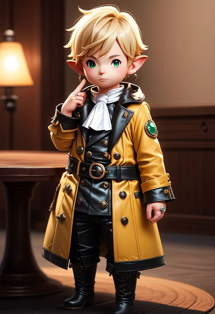 lalatater, monocle, solo, lalafell, pointy ears, jewelry, green eyes, ring, earrings, belt, standing, short hair, full body, looking at viewer, boots, white ascot, coat, blonde hair, depth of field, indoors, long sleeves, hand up, black footwear, 1boy, male focus, chibi, puntable BREAK PonyXLV6_Scores
