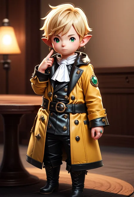 lalatater, monocle, solo, lalafell, pointy ears, jewelry, green eyes, ring, earrings, belt, standing, short hair, full body, looking at viewer, boots, white ascot, coat, blonde hair, depth of field, indoors, long sleeves, hand up, black footwear, 1boy, male focus, chibi, puntable BREAK PonyXLV6_Scores