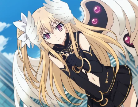 score_9, score_8_up, score_7_up, source_anime,
dalmayuri, <lora:dal-mayuri-movie-ponyxl-lora-nochekaiser:1>,
mayuri, long hair, blonde hair, hair between eyes, hair bow, one side up, bow, purple eyes,
gloves, dress, navel, wings, elbow gloves, black dress, clothing cutout, head wings, skirt, black skirt, pleated skirt,
outdoors, cityscape, bent over, smile,
solo, dutch angle, looking at viewer, cowboy shot,