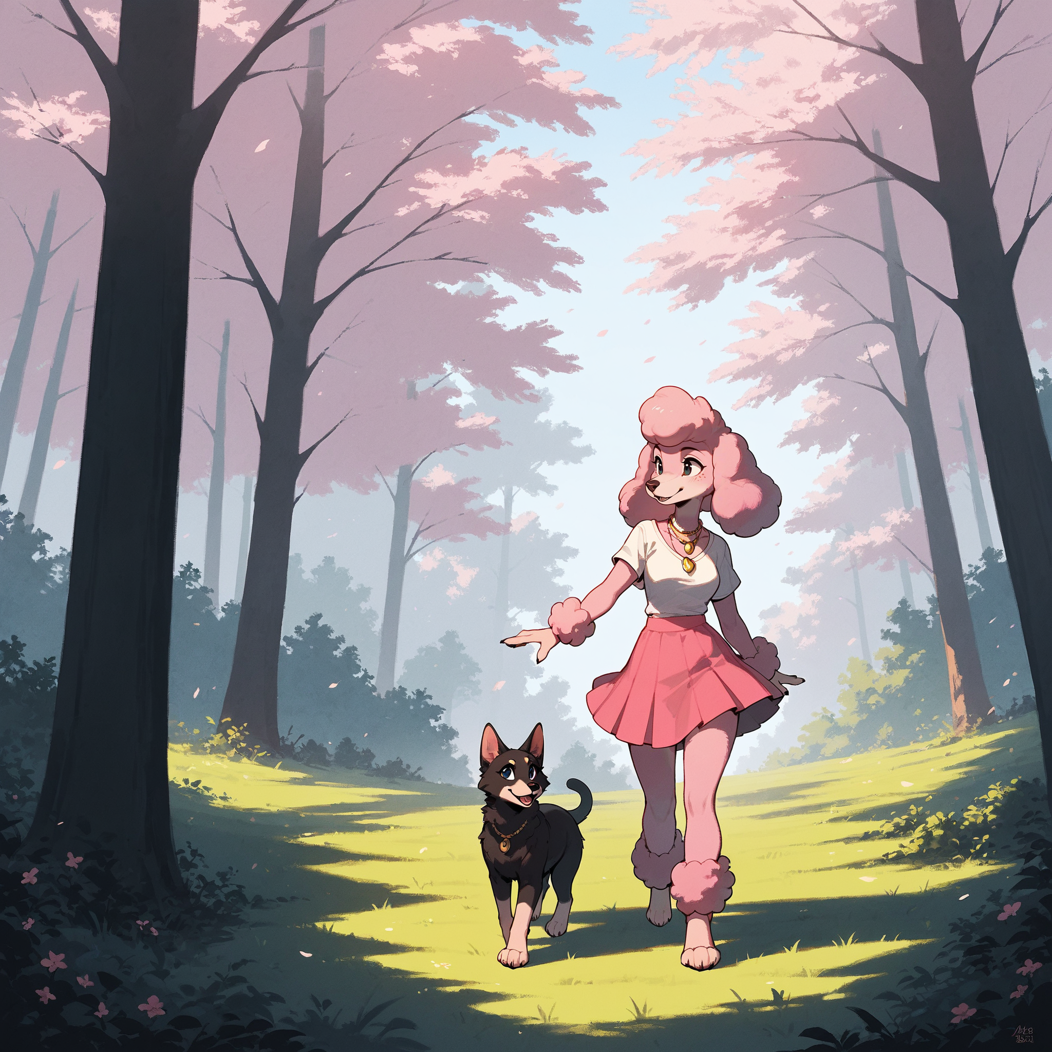 score_9, score_8_up, score_7_up, score_6_up, score_5_up, score_4_up, source_furry, rating_safe BREAK p3n310p3p00d13, dog, canine, mammal, pink fur, necklace, jewelry, (((poodle))), female, anthro, furry female, furry, skirt, pink skirt, standing, forest, outdoors
