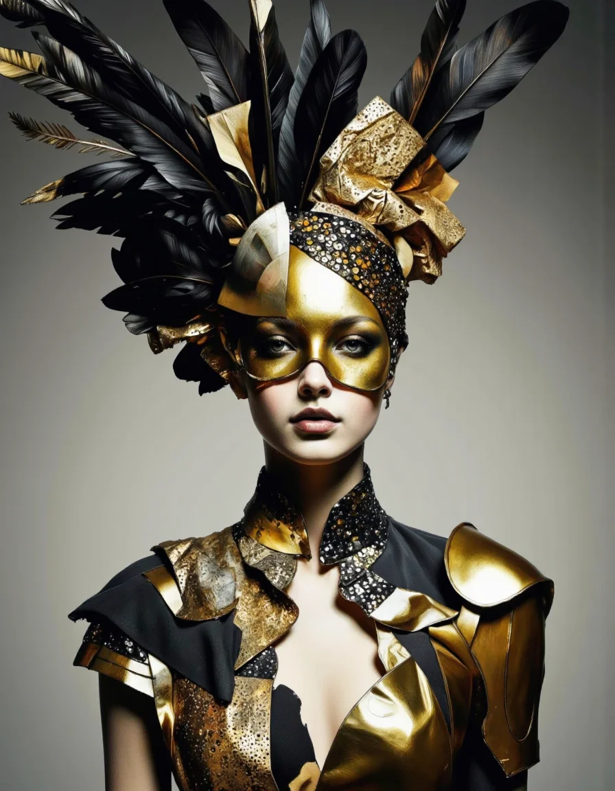 By Tom Nulens. A digital artwork featuring a stylized portrait of a woman. The background is a muted, gradient gray that gradually fades from light to dark, providing a subtle contrast to the vibrant colors and textures of the subject. The woman's face is partially obscured by a gold, metallic mask that covers her eyes and part of her nose, giving her an enigmatic and mysterious appearance. Her lips are painted a deep red, adding a touch of drama to her expression.
Her hair is styled extravagantly, with a large, ornate headdress that combines elements of feathers, sequins, and metallic textures. The feathers are predominantly black, adding a sense of elegance and grandeur. The headdress is intertwined with golden and metallic elements, creating a striking contrast against her pale skin.
The woman's shoulders and upper body are adorned with a mix of shimmering gold and black fabrics, with a textured, almost armor-like quality. The gold elements have a reflective surface, adding depth and dimension to the artwork. The overall style of the artwork is contemporary and avant-garde, blending elements of high fashion and digital art to create a visually striking and dynamic composition. <lora:Tom_Nulens:0.8045440673828125>