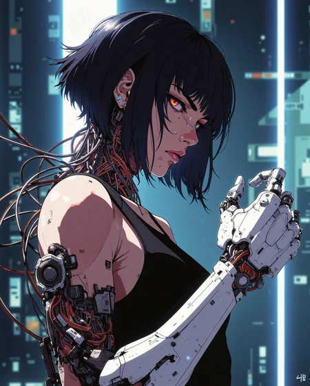 A digital illustration portrait in the style of ck-js, featuring a determined-looking female cyborg with short, dark, choppy hair. Significant cybernetic augmentation includes thick cabling integrated into her neck and spine, and a powerful, segmented white-plated robotic arm and hand revealing underlying red wiring/components. A subtle cybernetic port is visible on her cheek/temple. Her expression is intense and focused, eyes narrowed. She wears a simple black tank top, revealing toned musculature alongside the cybernetics. The lighting is dramatic and high-contrast, with a bright backlight illuminating parts of her form and casting deep shadows, set against a blurry, cool-toned cyberpunk cityscape. Focus on functional combat cybernetics, intense focus, and gritty bio-mechanical integration.