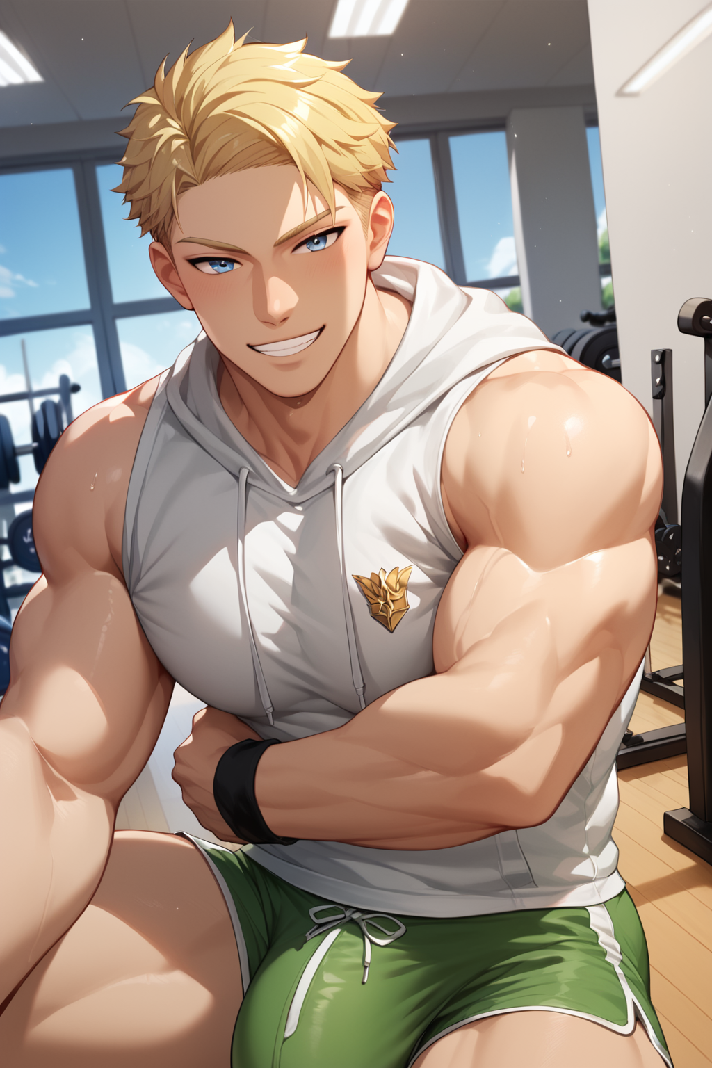 <lora:Expressive_H:1> expressiveh, ((huge bulge)), ((large pecs)), male, solo, bara,
score_9, score_8_up, score_7_up, Masterpiece, Best Quality, high quality cg, 1boy, male focus, solo, muscular, manly, dynamic pose, adult, grown up, cocky grin, arrogant,
influencer, gym, gymfluencer, sleeveless hoodie, shorts, selfie, gym, cupping his bulge, showing off his bulge, holding his bulge, hand on penis, hand on bulge
 <lora:LoidForgerTwilight_pdxl_Incrs_v1:1> loid forger, blonde hair, short hair, blue eyes,, green shorts, white hoodie