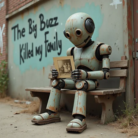 In a desolate urban landscape, a lone, rusted robot sits on a broken bench, holding a faded photograph of a family. Graffiti on the wall behind reads: 'The Big Buzz Killed my Family'
