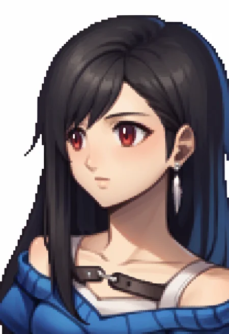 score_9, score_8_up, score_7_up, source_anime BREAK 1girl, solo,
<lora:zs_FEDSPortraitsXL:1> fedsportraits, portrait, white background
 <lora:tifa-pdxl-nvwls-v1:1> metTif, red eyes, black hair, low-tied long hair, earrings, cropped sweater, blue sweater, off-shoulder, short sleeves,