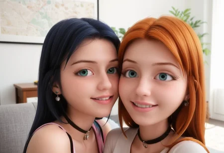 score_9, score_8_up, score_7_up, score_6_up,
2girls, sitting together, on a couch, (leaning against each other, head on shoulder, cheek to cheek:1.4),
1girl, Sabrina Raincomprix, long hair, orange hair, green eyes, fair skin, earrings, white blouse, choker,
1girl, Marinette Dupain-Cheng, long hair, bright bluebell eyes, black hair, twin tails, earrings, red blouse, choker,
perfect eyes, real skin, amateur, photo, solo, perfect face, perfect eyes, sexy, beautiful eyes, petite body,
masterpiece, best quality, amazing quality,
heavy blush, thick dark eyelashes, tiny body,
(skinny girl), on a couch, family home, living room, wall pictures, plants,
blurry background, lot of people in background, shy expression, depth of field, volumetric lighting, biting lips, vibrant colors, intricate details,
smiling, teeth, arms crossed, close up on face, real skin,