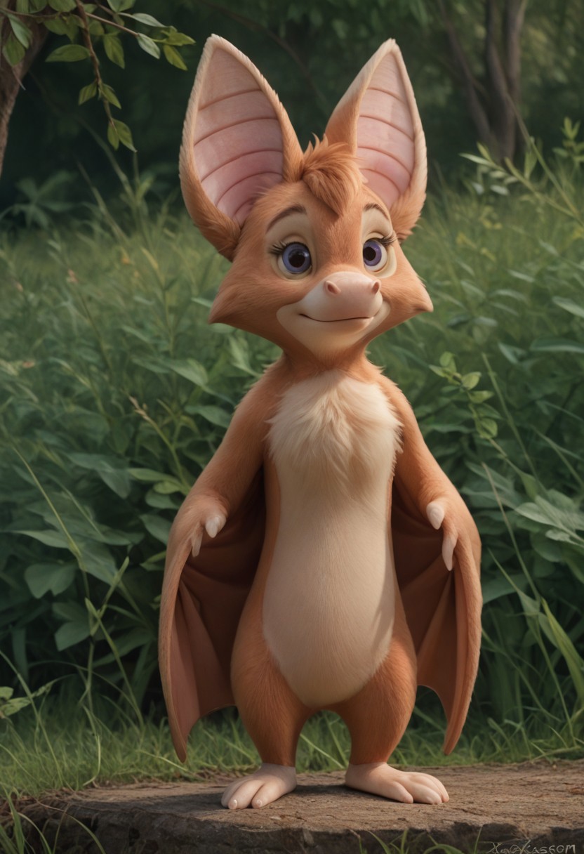 score_9_up, score_8_up, score_7_up, volume, 3d, painterly, realistic, ultra-detailed, great quality, high resolution, (((8k))), (sharp detailed:1,4) no smooth detailed. Background: trees, grass. Foxglove, bat, anthro, solo, full body view. closed mouth, cuteness, fluffy, detailed face, (very detailed face:1.4), detailed body, (very detailed body:1.4), detailed background, (very detailed background:1.4). Style: cartoon, Disney.