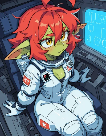 <lora:69yottea_illu_v2:0.25>, 69yotte4_illu, <lora:Lhata4564_illu:0.25>, lhata4564_illu, <lora:p4r0llel:0.25>, p4r0llel_style, <lora:0hu_ton:0.25>, 0huton_illu, 1girl, spacesuit, shiny skin, cleavage, sweat, eye contact, astronaut, spaceship cockpit, tilted angle, moody lighting, flouting, suggestive pose, window, professional lighting, science fiction, sitting, intricate detail, (masterpiece, best quality, ultra-detailed, absurdres, newest, detailed textures, correct anatomy,  very aesthetic:1), <lora:goblin:0.7>, goblin, short stature, shortstack, long pointed ears, big eyes, torn ears, single fang out, earclip, giant ears, colored skin, green skin, freckles, red hair, messy hair, ahoge, yellow eyes, wide hips, small breasts