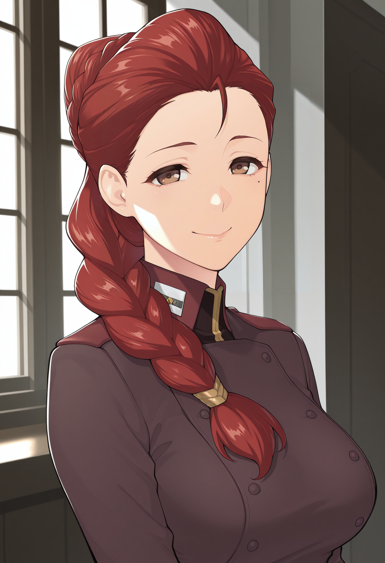 1girl,solo,mm,mature female,mole under eye,braid,braided ponytail,hair over shoulder,red hair,brown eyes,
uniform,military uniform,upper body, looking at viewer, smile,indoors
,masterpiece,best quality,amazing quality,<lora:Frederica_Herme-Gundam_Valpurgis:0.8>
