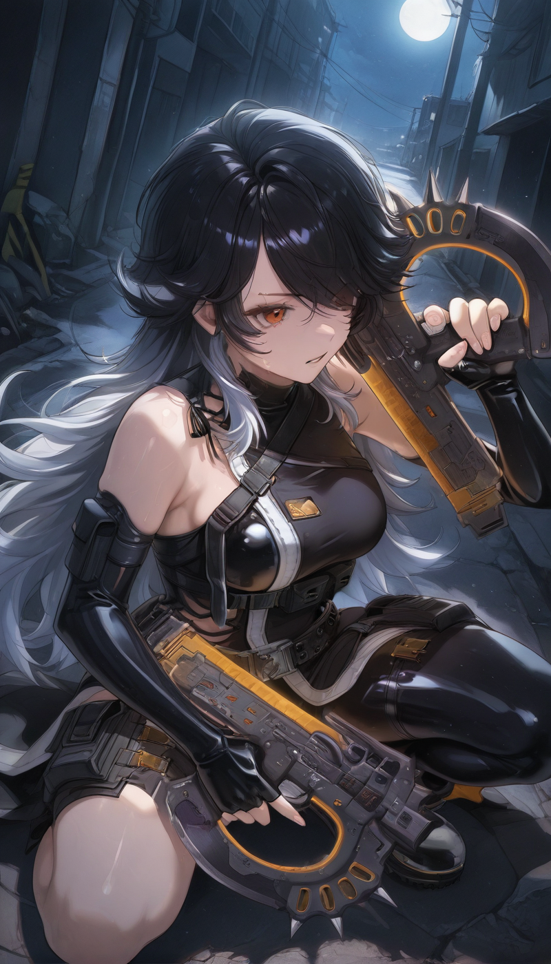 <lora:LCMTurboMix_Euler_A_fix:1> <lora:example_SDXL:0.3>, EZRealPONYXL, <lora:Dramatic Lighting Slider:3>
DSLR,realistic,cosplay photo, (very awa,masterpiece,best quality,year 2024,newest,absurdres,highres:1), realistic,skin texture,facial features, photography shot with Canon EOS 5D Mark IV , realistic, RAW, best quality, masterpiece, amazing quality, skin details,
1girl, highly detailed beautiful face, large natural breasts,
detailed background, shiny skin, dutch angle, night, moonlight,
beautiful detailed eyes, intricate details, absurdres, anime screencap,
<lora:K_NIKKE_ILXL_kill0825:1>
Nikke_K, long hair, large breasts, black hair, red eyes, hair between eyes, very long hair, medium breasts, white hair, grey hair, multicolored hair, sidelocks, hair over one eye, two-tone hair, orange eyes, gradient hair, eyebrow piercing, swept bangs, earrings, jewelry,
shirt, gloves, thighhighs, bare shoulders, thighs, boots, detached sleeves, shoes, sleeveless, black gloves, belt, elbow gloves, fingerless gloves, black footwear, black shirt, sleeveless shirt, thigh strap, bodysuit, single thighhigh, buckle, black belt, asymmetrical legwear, pouch, black sleeves, ankle boots, asymmetrical clothes, colored tips, belt pouch, single leg pantyhose, thigh pouch, utility belt, snap-fit buckle, colored shoe soles, black thighhighs, black dress, harness
holding gun, dual wielding, trigger discipline, submachine gun, multiple weapons, 
dynamic pose, upper body, from above, squatting,